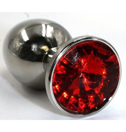 Серебристая гладкая анальная пробка с красным кристаллом - 7 см.