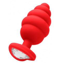 Красная анальная пробка Regular Ribbed Diamond Heart Plug - 7 см.