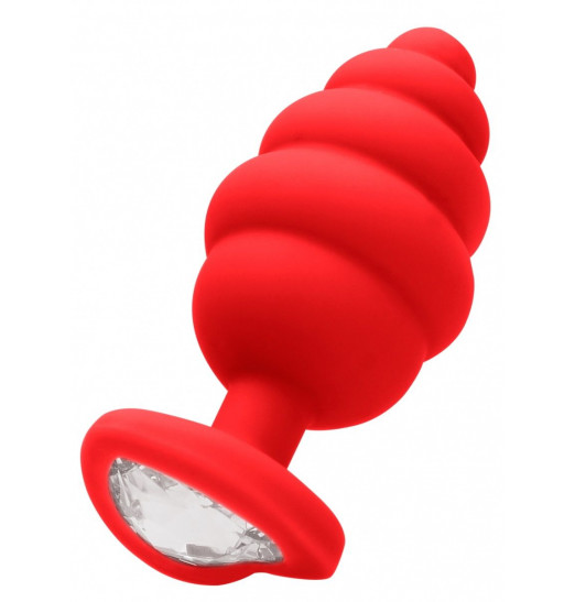 Красная анальная пробка Regular Ribbed Diamond Heart Plug - 7 см.