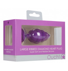 Фиолетовая анальная пробка Large Ribbed Diamond Heart Plug - 8 см.