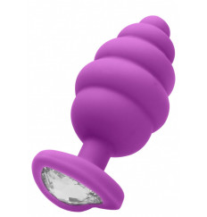 Фиолетовая анальная пробка Large Ribbed Diamond Heart Plug - 8 см.