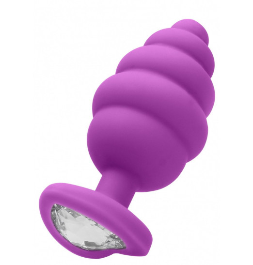 Фиолетовая анальная пробка Large Ribbed Diamond Heart Plug - 8 см.