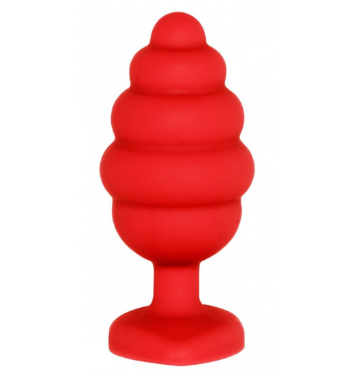 Красная анальная пробка Large Ribbed Diamond Heart Plug - 8 см.