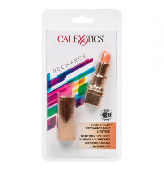 Золотистый вибратор-помада с оранжевым мягким кончиком Hide   Play Rechargeable Lipstick