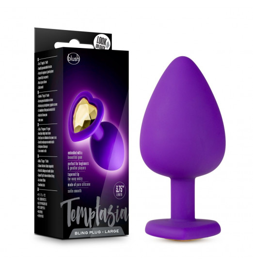 Фиолетовая анальная пробка Bling Plug Large с золотистым стразом - 9,5 см.
