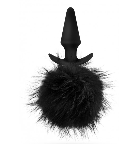 Силиконовая анальная пробка с чёрным заячьим хвостом Bunny Tail Pom Plug - 12,7 см.