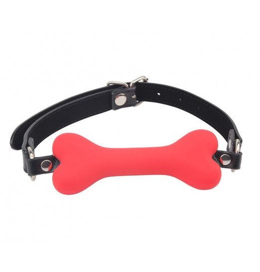 Красный силиконовый кляп-косточка на черном ремешке Doggie Bone Bit Gag