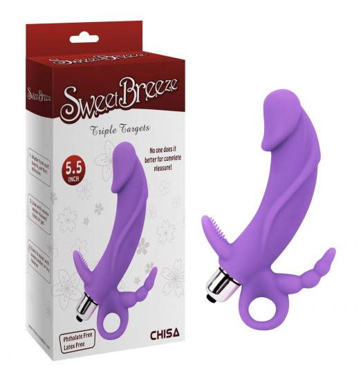 Фиолетовый вибратор с дополнительными стимуляторами Triple Targets - 14,7 см.