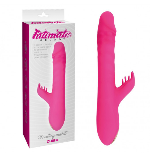 Розовый вибратор с клиторальным стимулятором Thrusting Rabbit - 25,3 см.