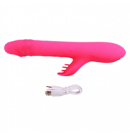 Розовый вибратор с клиторальным стимулятором Thrusting Rabbit - 25,3 см.
