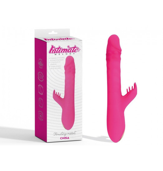 Розовый вибратор с клиторальным стимулятором Thrusting Rabbit - 25,3 см.