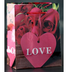 Подарочный пакет Love с розочками и сердечками - 15 х 12 см.