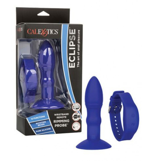 Синяя анальная вибропробка с эффектом римминга Remote Rimming - 14 см.