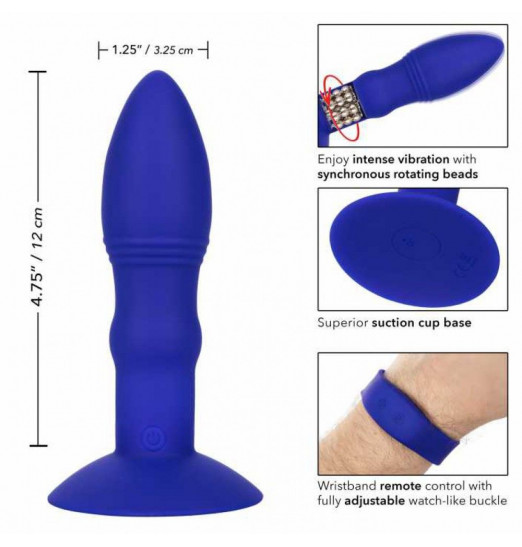 Синяя анальная вибропробка с эффектом римминга Remote Rimming - 14 см.