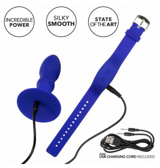 Синяя анальная вибропробка с эффектом римминга Remote Rimming - 14 см.
