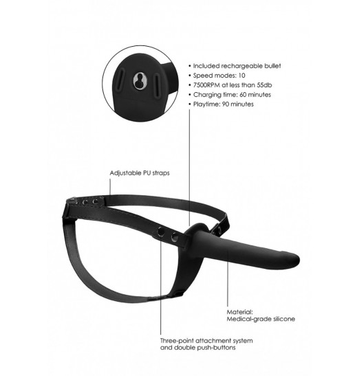 Черный вибрострапон Silicone Strap-On Adjustable - 15,5 см.