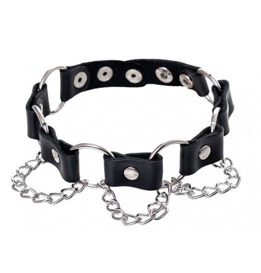 Черный ошейник с кольцами и цепочкой