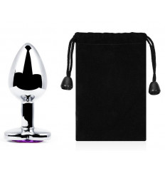 Серебристая анальная пробка с фиолетовым кристаллом-сердечком - 8 см.