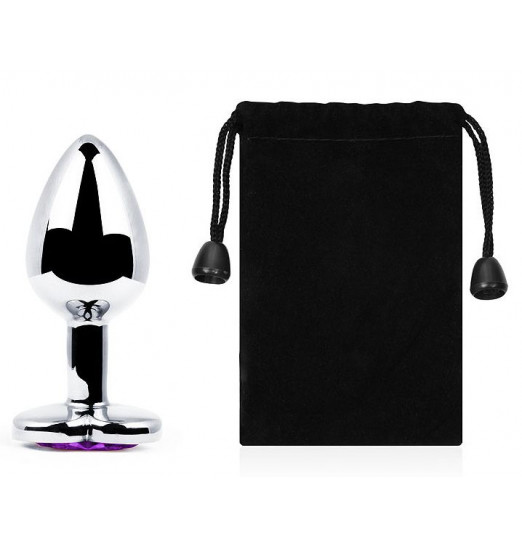 Серебристая анальная пробка с фиолетовым кристаллом-сердечком - 8 см.