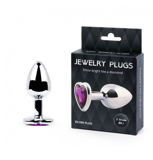 Серебристая анальная пробка с фиолетовым кристаллом-сердечком - 8 см.