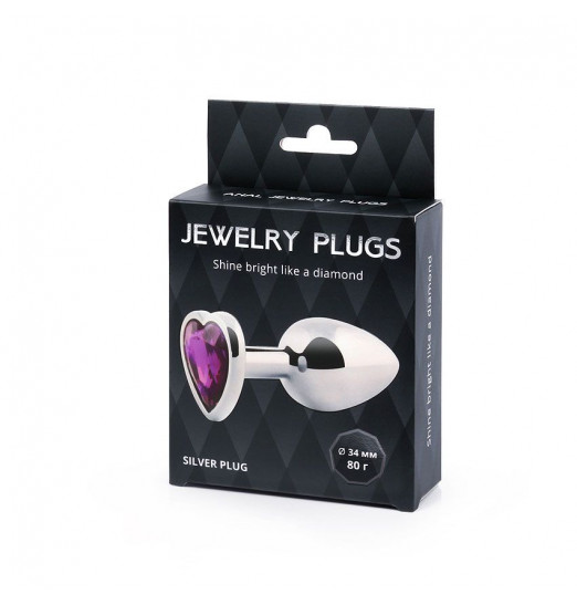 Серебристая анальная пробка с фиолетовым кристаллом-сердечком - 8 см.