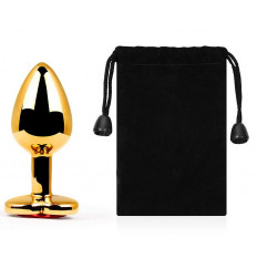 Золотистая анальная пробка с красным стразом-сердечком - 8 см.