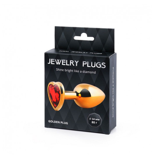 Золотистая анальная пробка с красным стразом-сердечком - 8 см.