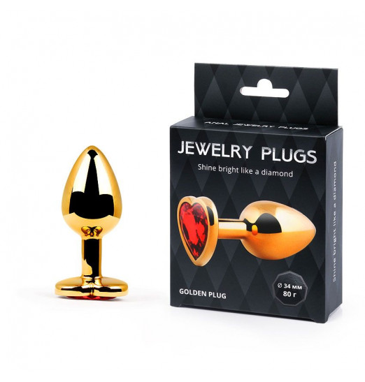 Золотистая анальная пробка с красным стразом-сердечком - 8 см.