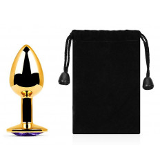 Золотистая анальная пробка с фиолетовым стразом - 7,2 см.