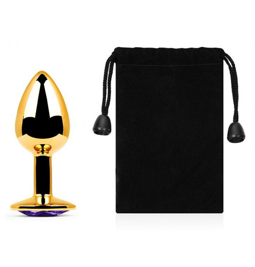 Золотистая анальная пробка с фиолетовым стразом - 7,2 см.