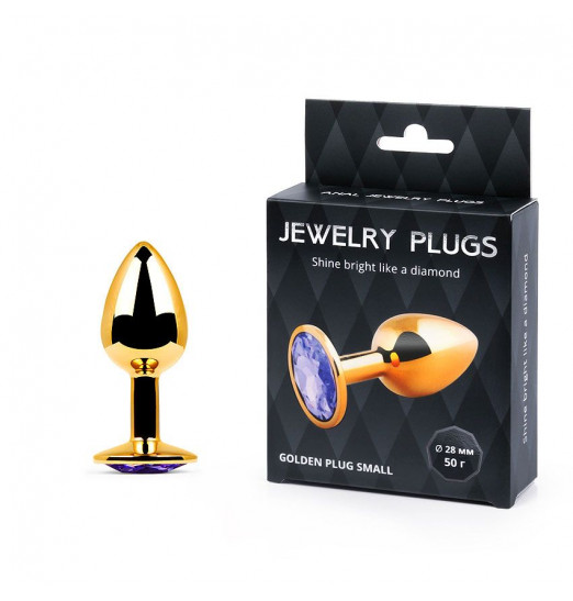 Золотистая анальная пробка с фиолетовым стразом - 7,2 см.