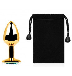 Золотистая анальная пробка с голубым стразом - 7,2 см.