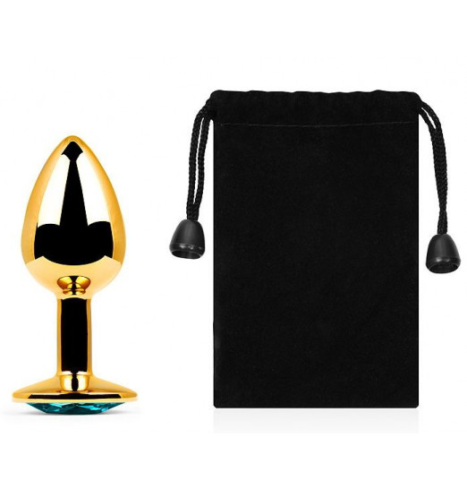 Золотистая анальная пробка с голубым стразом - 7,2 см.