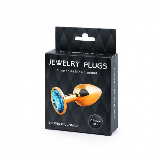 Золотистая анальная пробка с голубым стразом - 7,2 см.