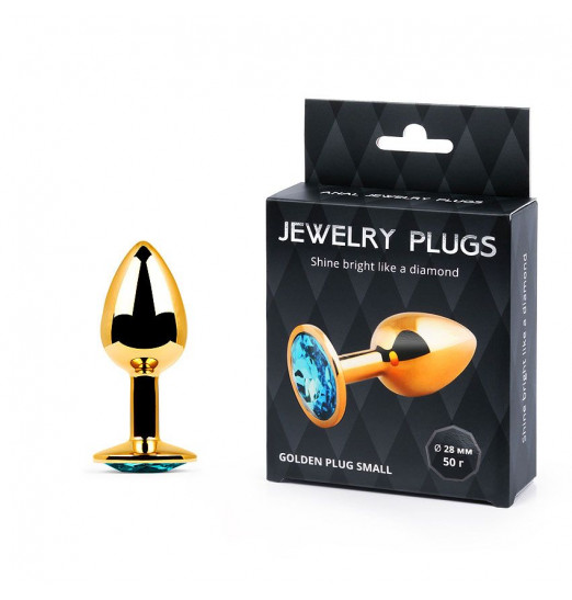 Золотистая анальная пробка с голубым стразом - 7,2 см.