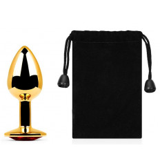 Золотистая анальная пробка с красным стразом - 7,2 см.