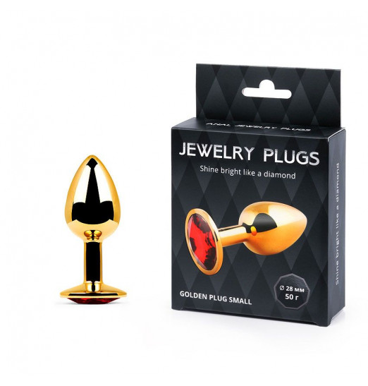Золотистая анальная пробка с красным стразом - 7,2 см.
