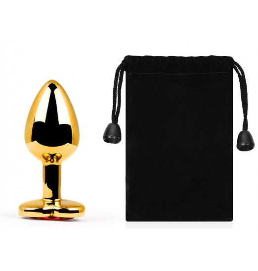 Золотистая анальная пробка с красным стразом-сердечком - 7 см.