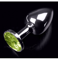 Маленькая серебристая анальная пробка с желтым кристаллом - 7 см.