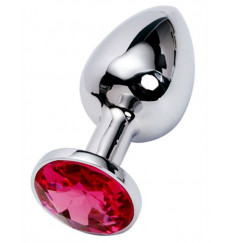 Серебристая анальная пробка с красным стразом - 7 см.