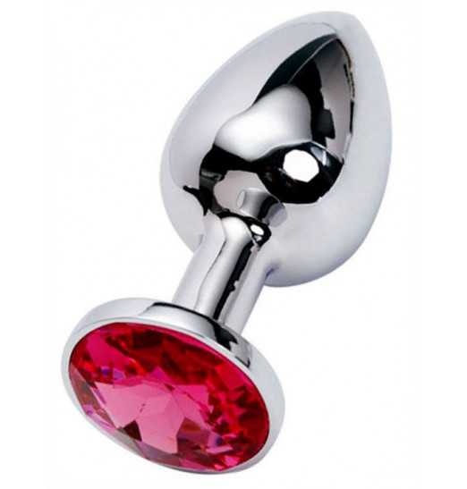 Серебристая анальная пробка с красным стразом - 7 см.
