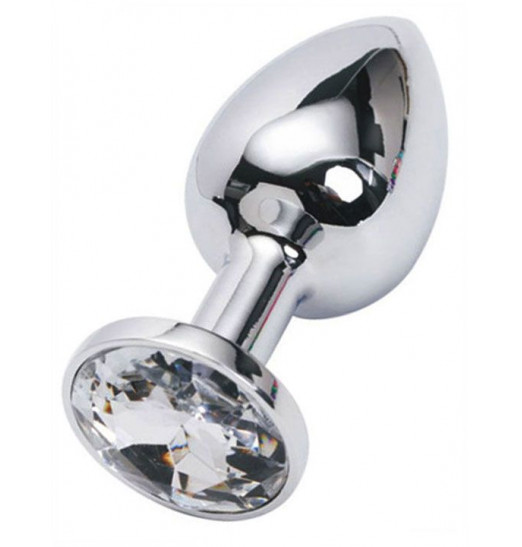 Серебристая анальная пробка из металла с прозрачным стразом - 7 см.