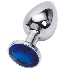 Серебристая анальная пробка с синим стразом - 7 см.