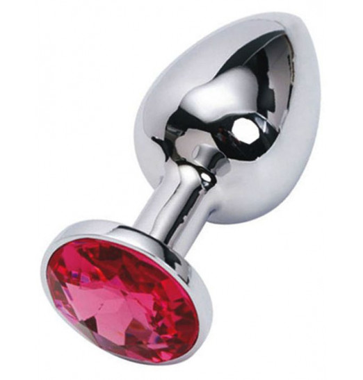 Серебристая анальная пробка с малиновым стразом - 7 см.