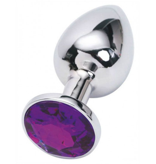 Серебристая анальная пробка из металла с фиолетовым стразом - 7 см.