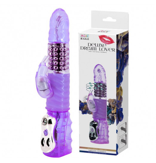Сиреневый вибромассажер-ротатор с клиторальным отростком Deluxe Dream Lover - 26 см.