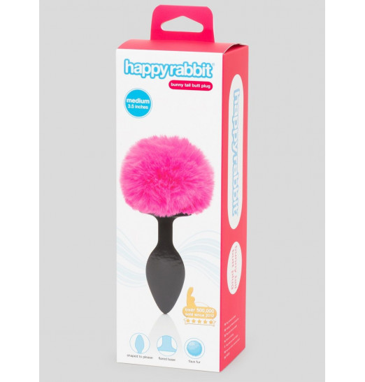 Черная анальная пробка с розовым хвостом Medium Bunny Tail Butt Plug