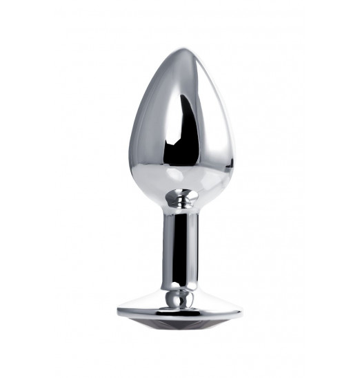 Серебристая гладкая коническая анальная пробка с черным кристаллом - 7 см.