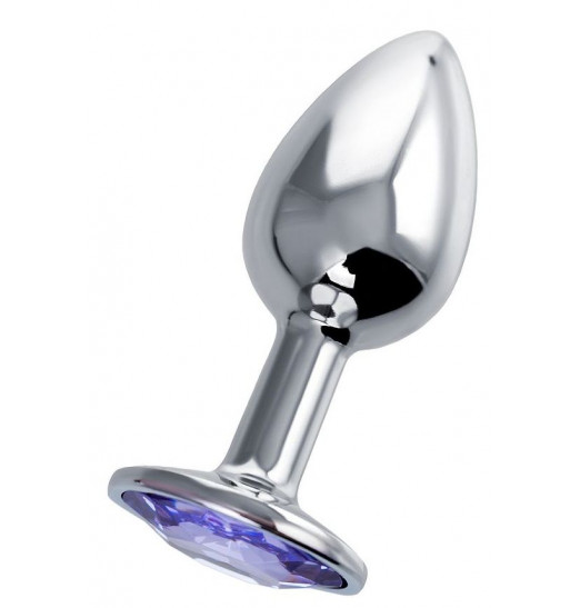 Серебристая гладкая коническая анальная пробка с фиолетовым кристаллом - 7 см.