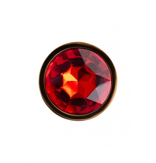 Золотистая гладкая коническая анальная пробка с красным кристаллом - 7 см.